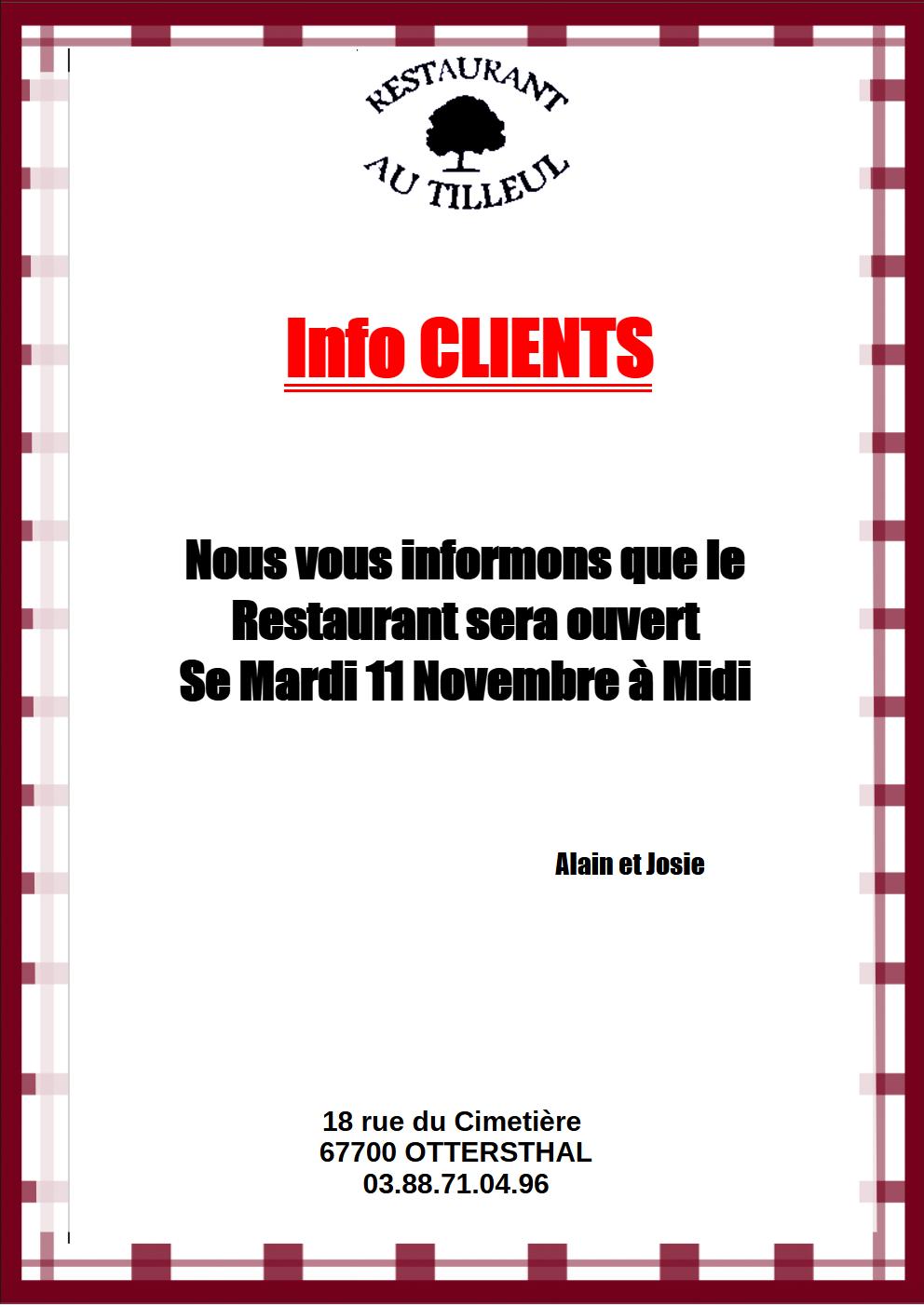 11 Novembre 2025 : ouvert le midi