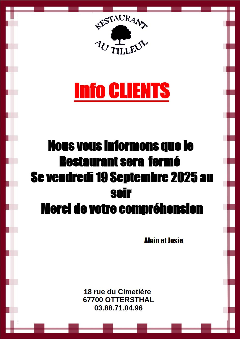 Fermeture 19 Septembre au soir