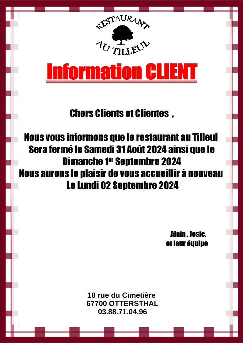 Fermeture 31 Août et 1er Septembre 2024