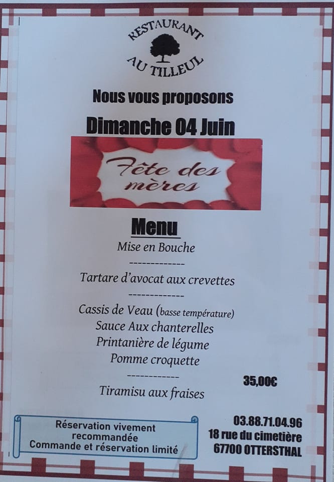 Menu "Fête des Mères" du 4 juin 2023