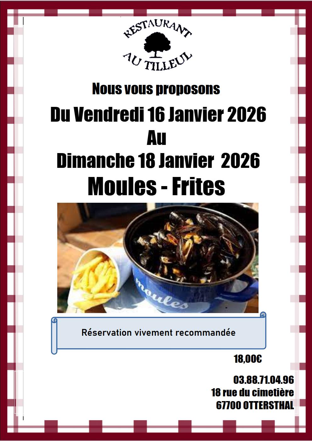 Week End moules frites duJanvier 2026 16 au 18 