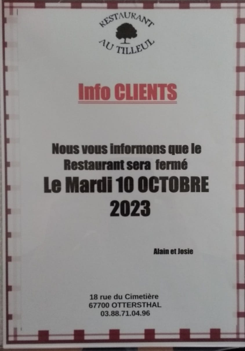 Fermeture Mardi 10 octobre 2023
