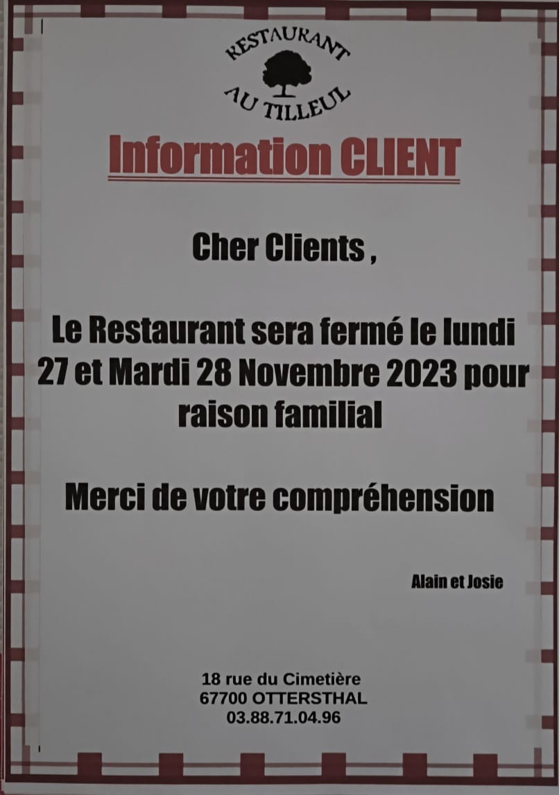 Fermeture 27 et 28 Novembre 2023