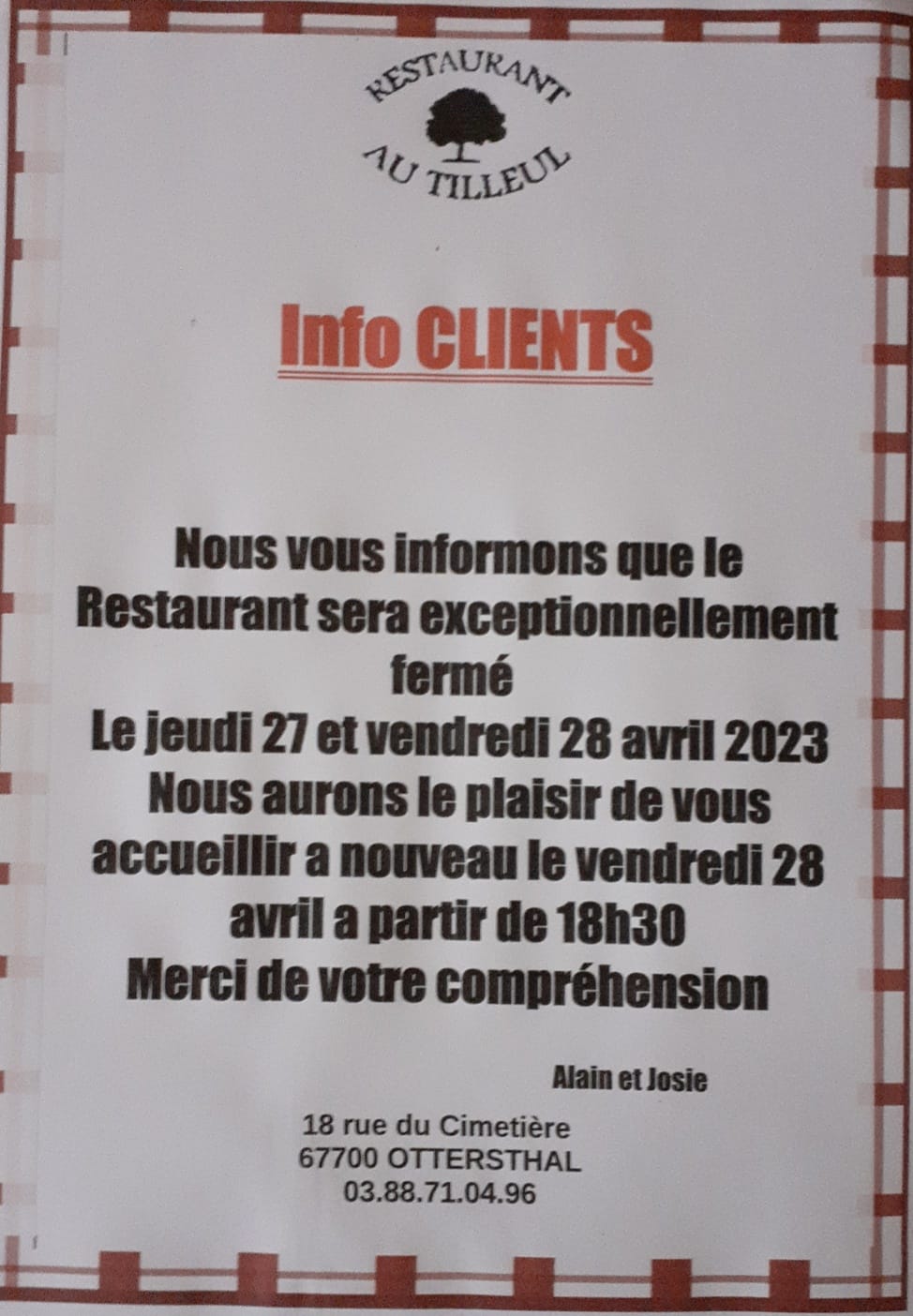 Fermeture 27 et 28 avril