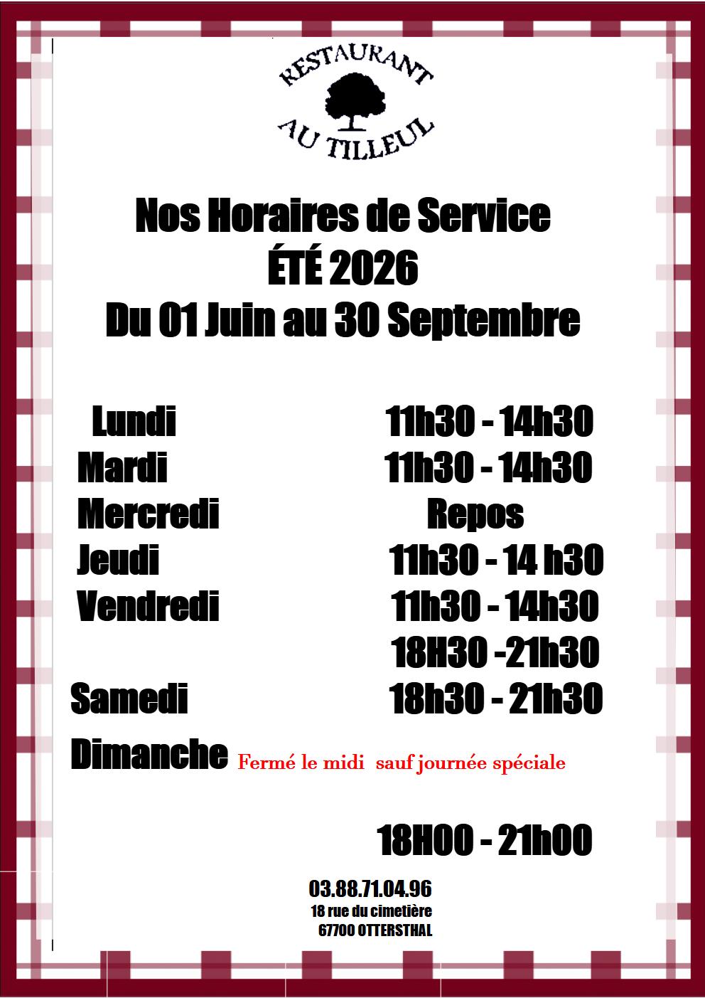 Horaires été 2026