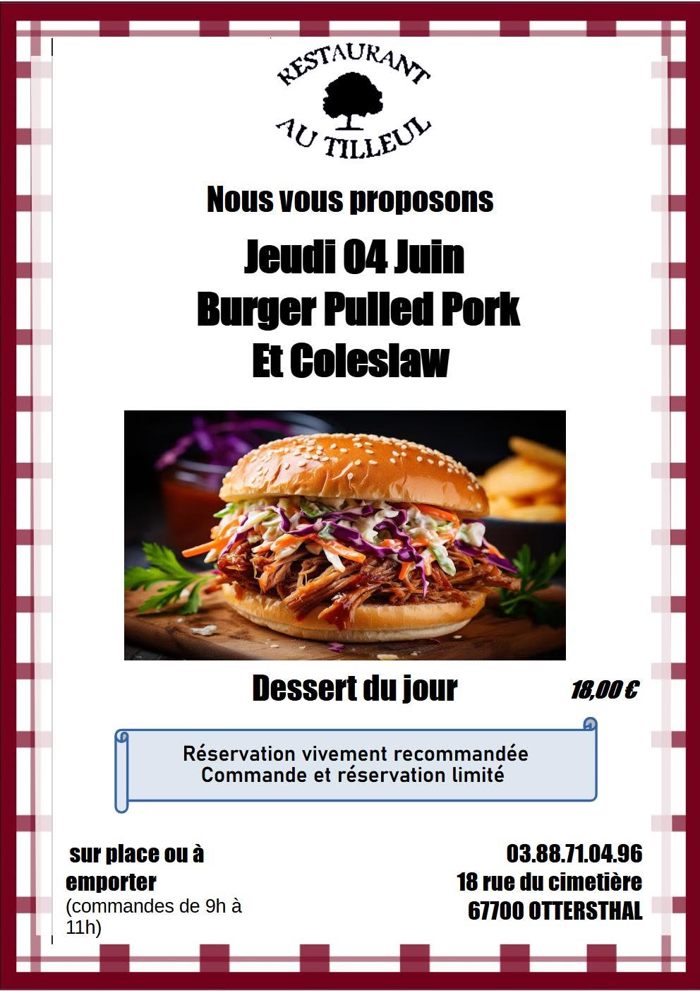 Jeudi 04 Juin "Burger Pulled Pork et coleslaw"