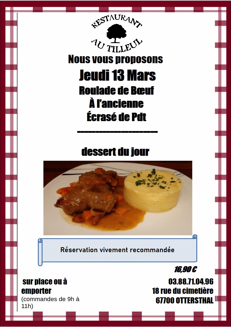 jeudi 13 Mars "Roulade de Bœuf à l'ancienne"