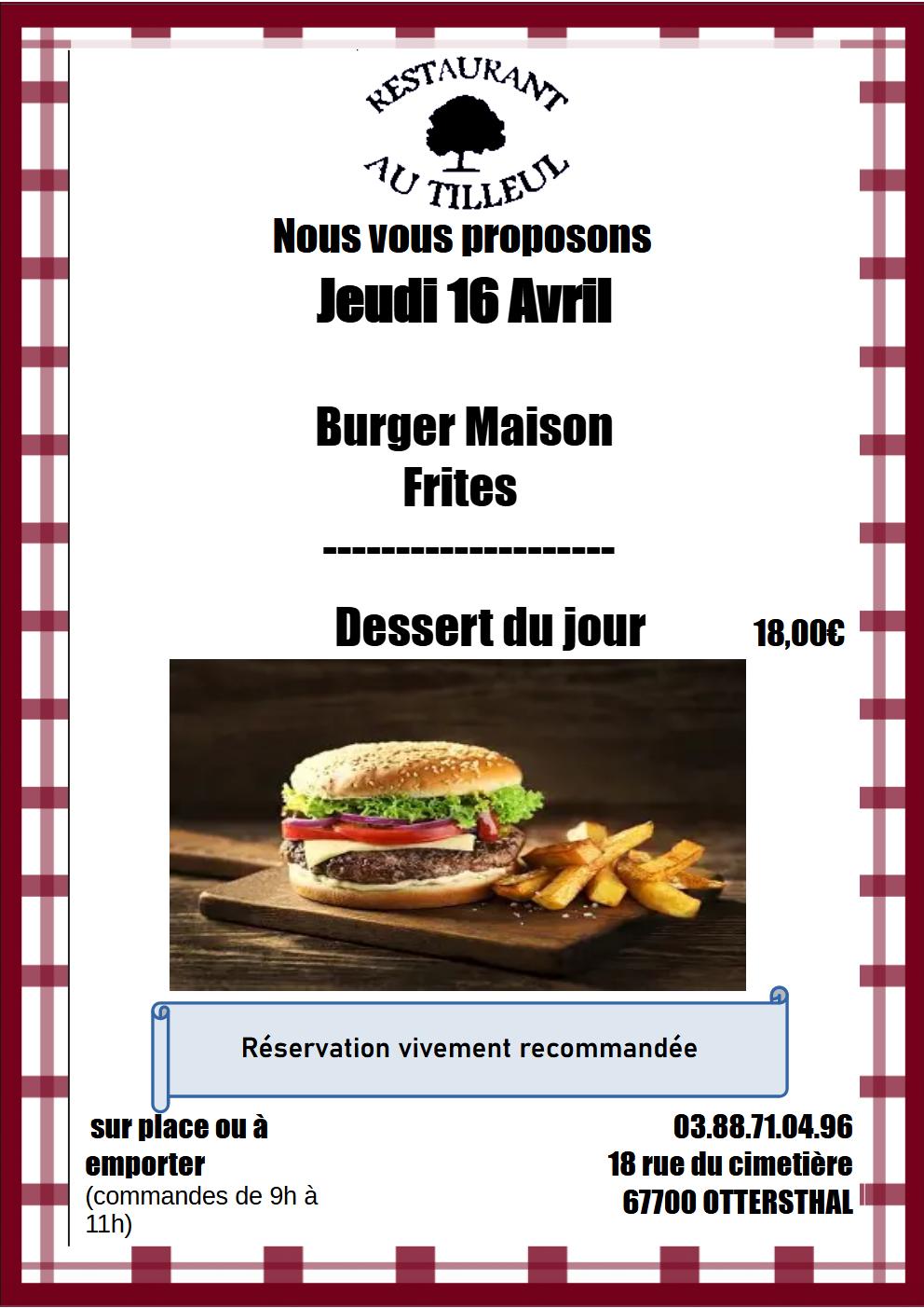 Burger Maison jeudi 16 avril 2026