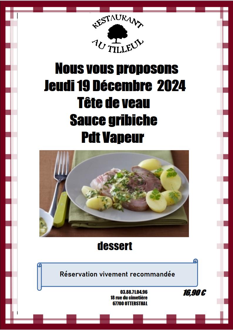 Jeudi 19 Décembre Tête de veau Sauce Gribiche