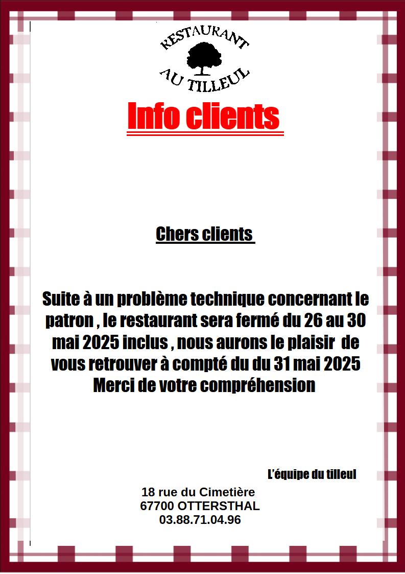 Fermeture du 26 au 30 Mai 2025