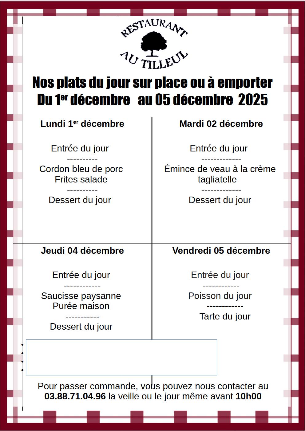 Menus du 1er au 5 Décembre 2025