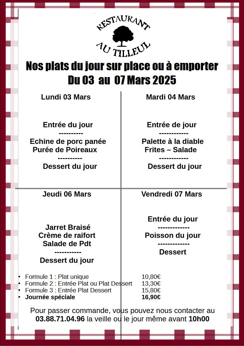 Menus du 3 au 7 Mars 2025