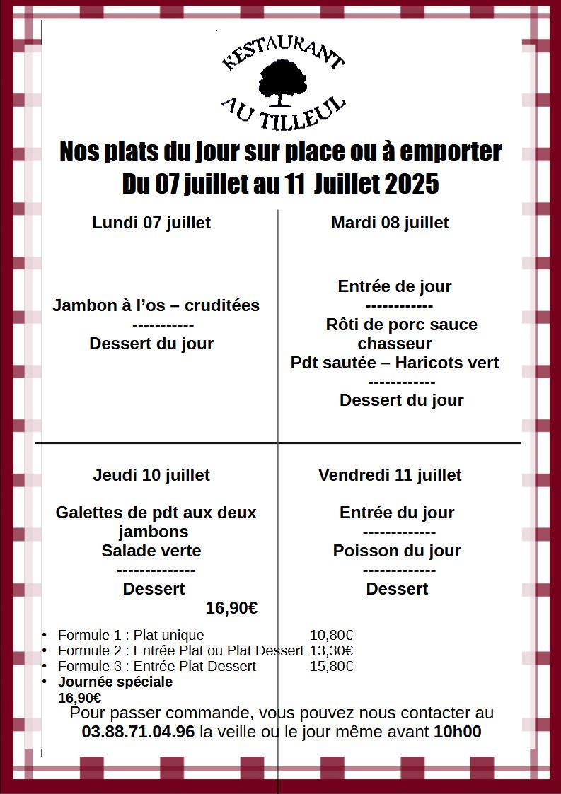 Menus du 7 au 11 juillet 2025
