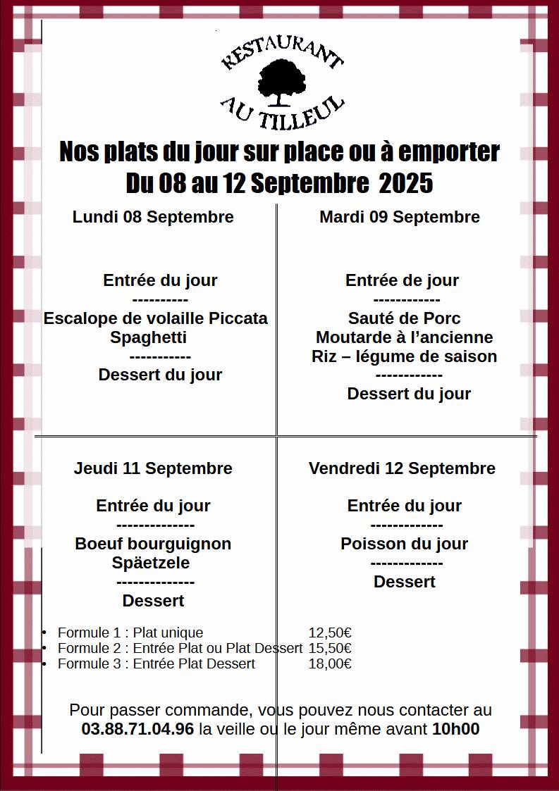 Menus du 8 au 12 Septembre 2025