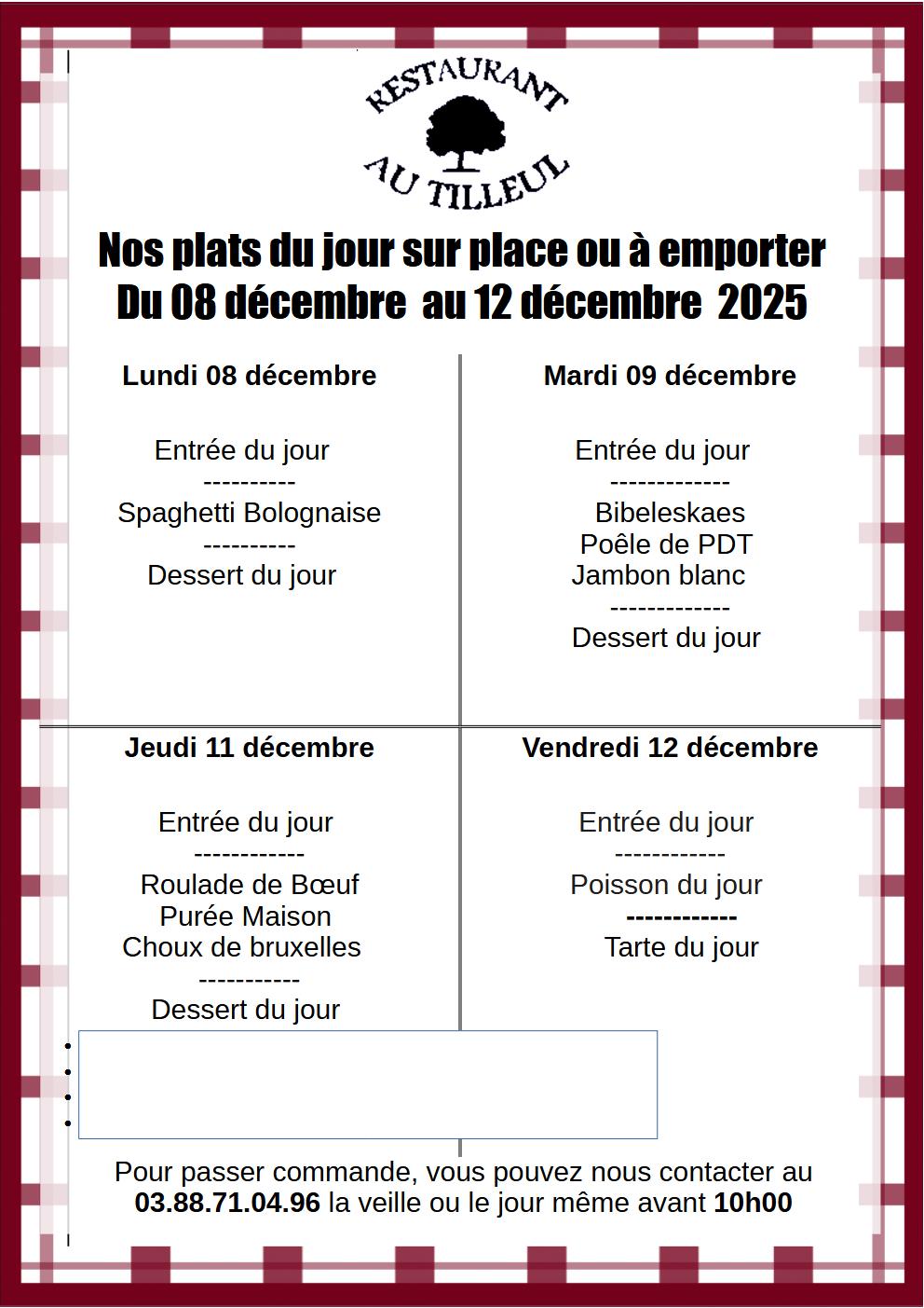 Menus du 08 au 12 Décembre 2025