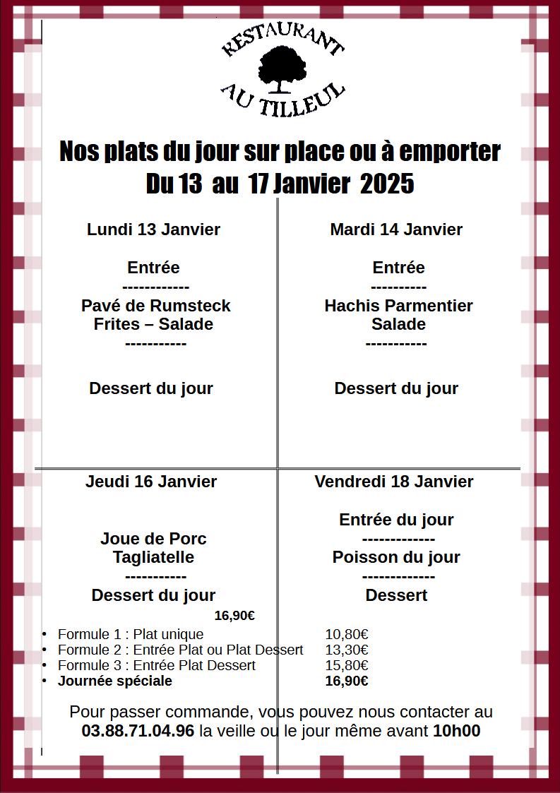 Menus du 13 au 17 Janvier 2025