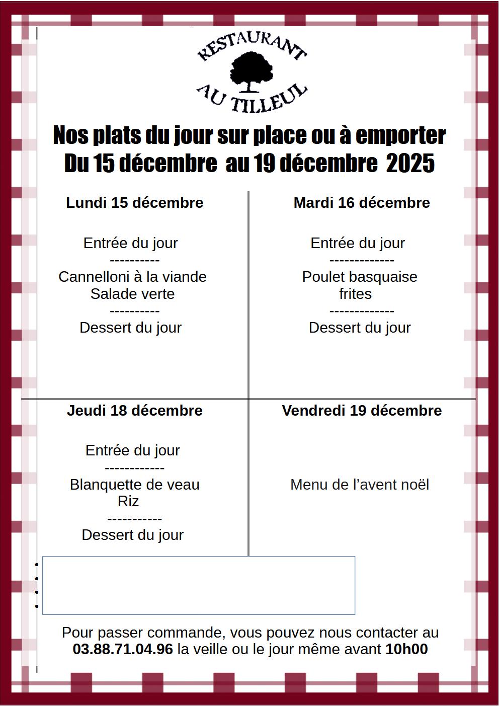 Menus du 15 au 18 Décembre 2025