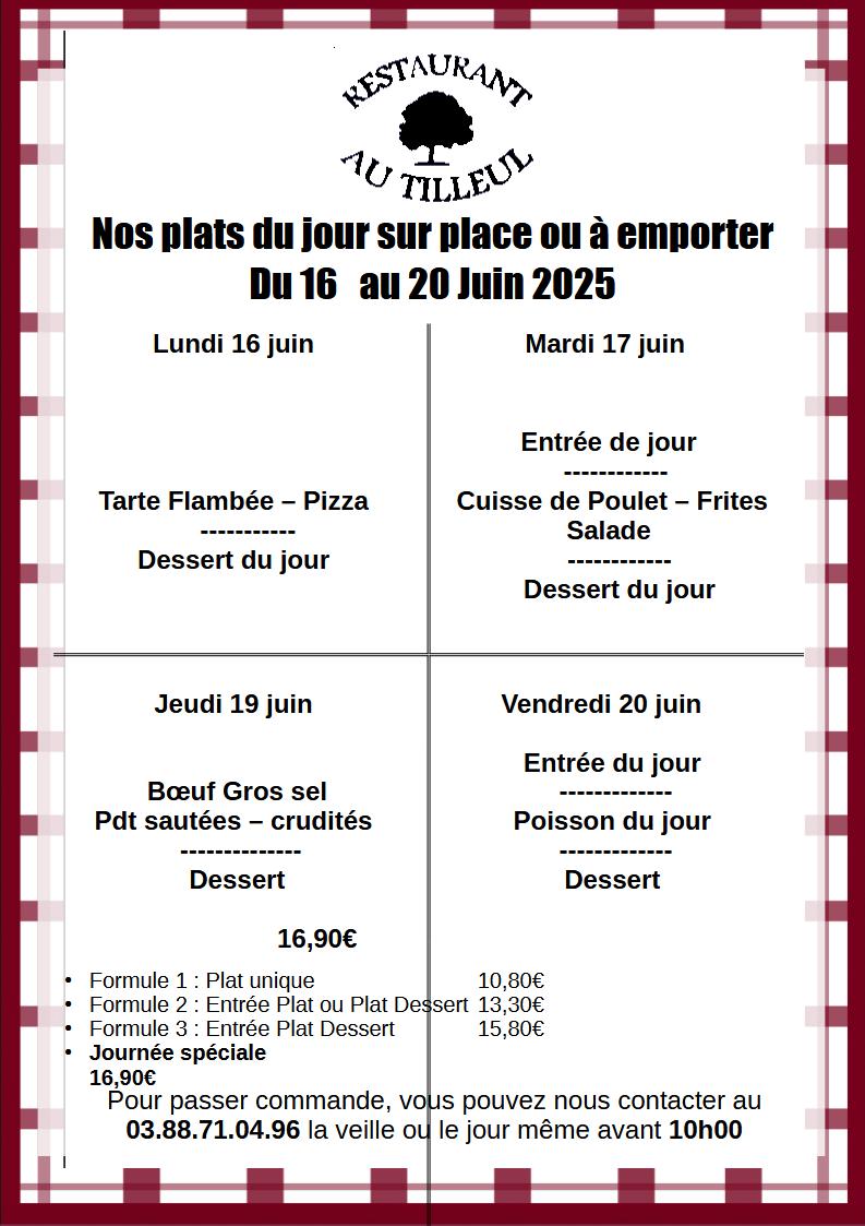Menus du 16 au 20 Juin 2025