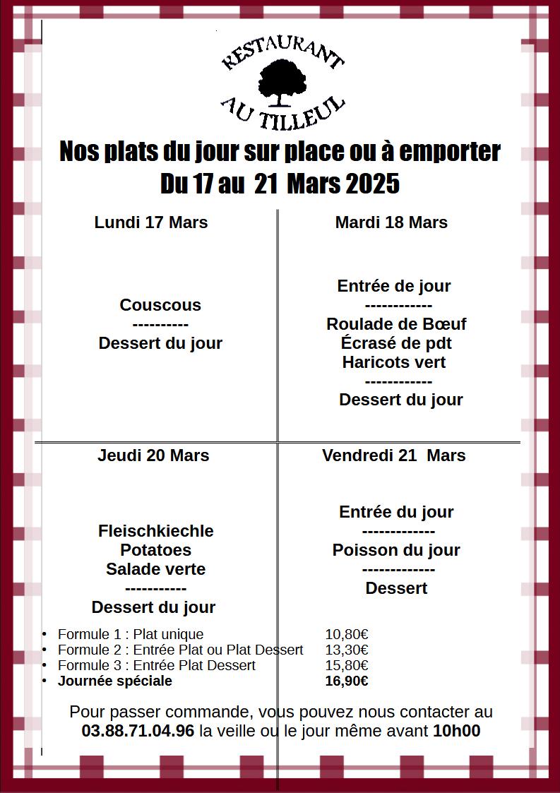 Menus du 17 au 21 Mars 2025