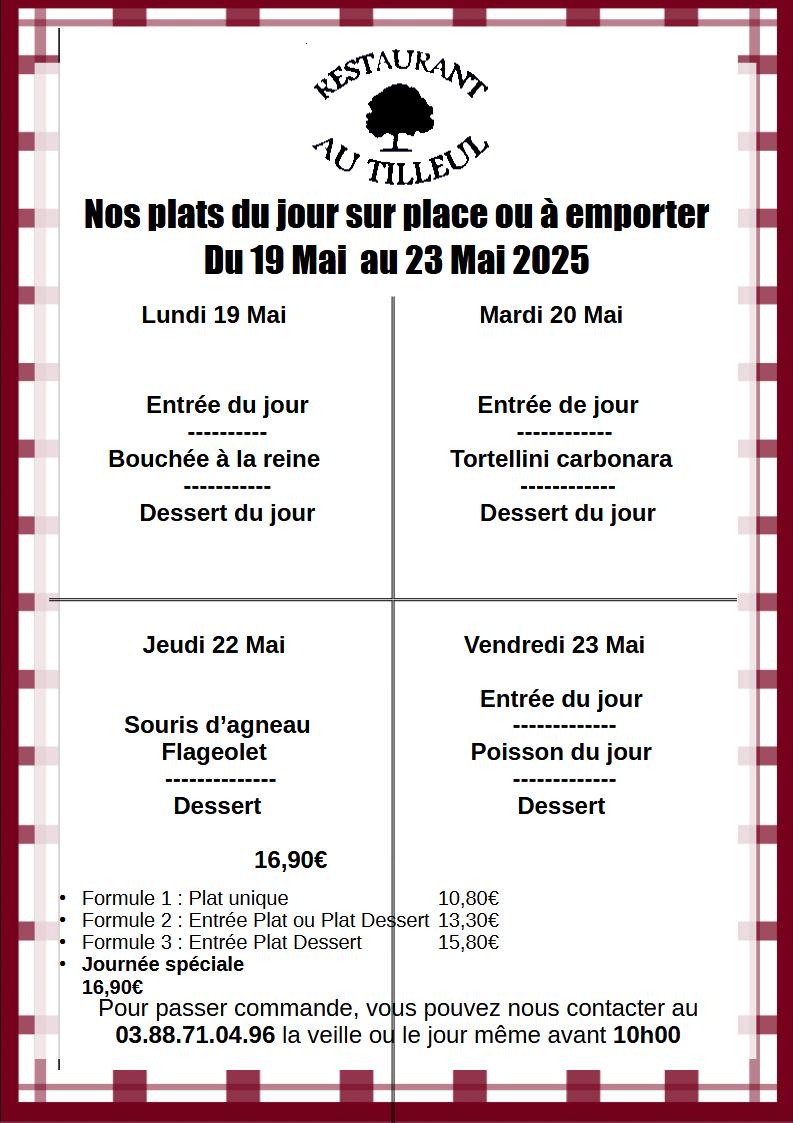 Menus du 19 au 23 Mai 2025