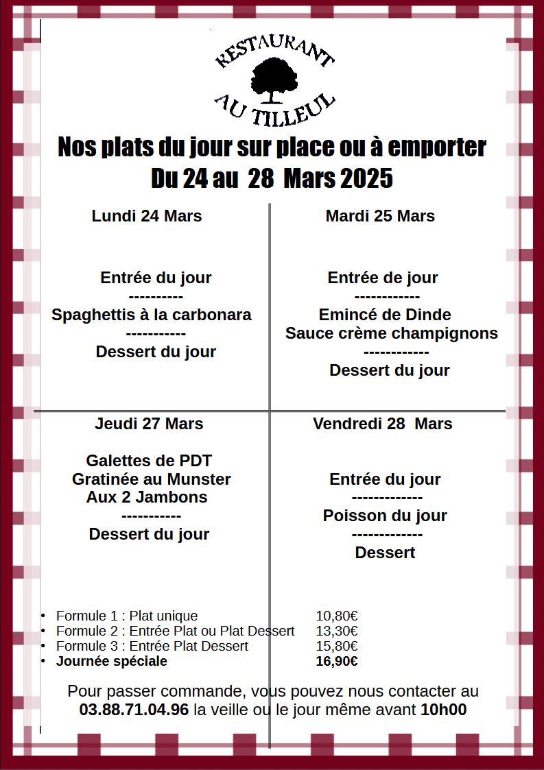 Menus du 24 au 28 Mars 2025