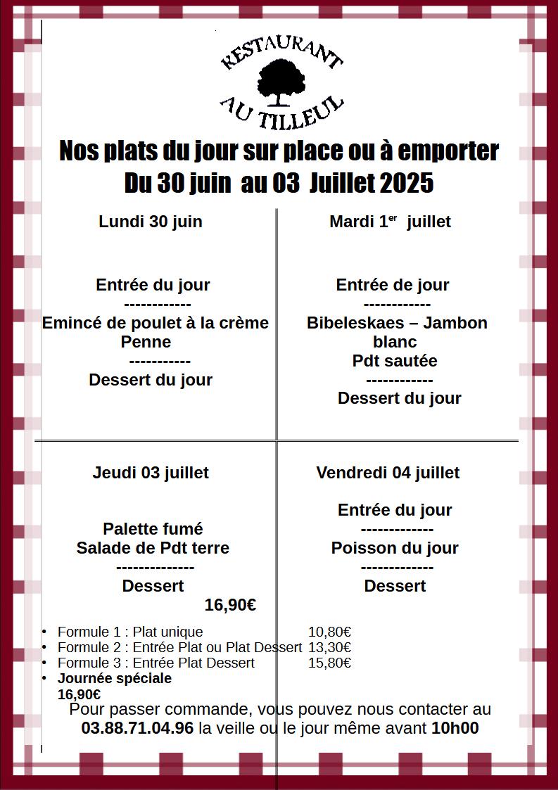 Menus du 30 Juin au 03 Juillet 2025