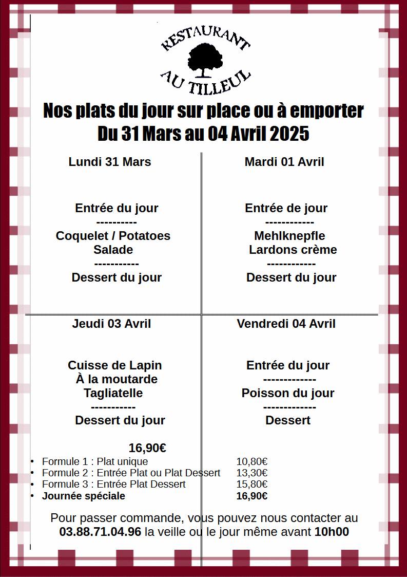 Menus du 31 Mars au 04 Avril 2025