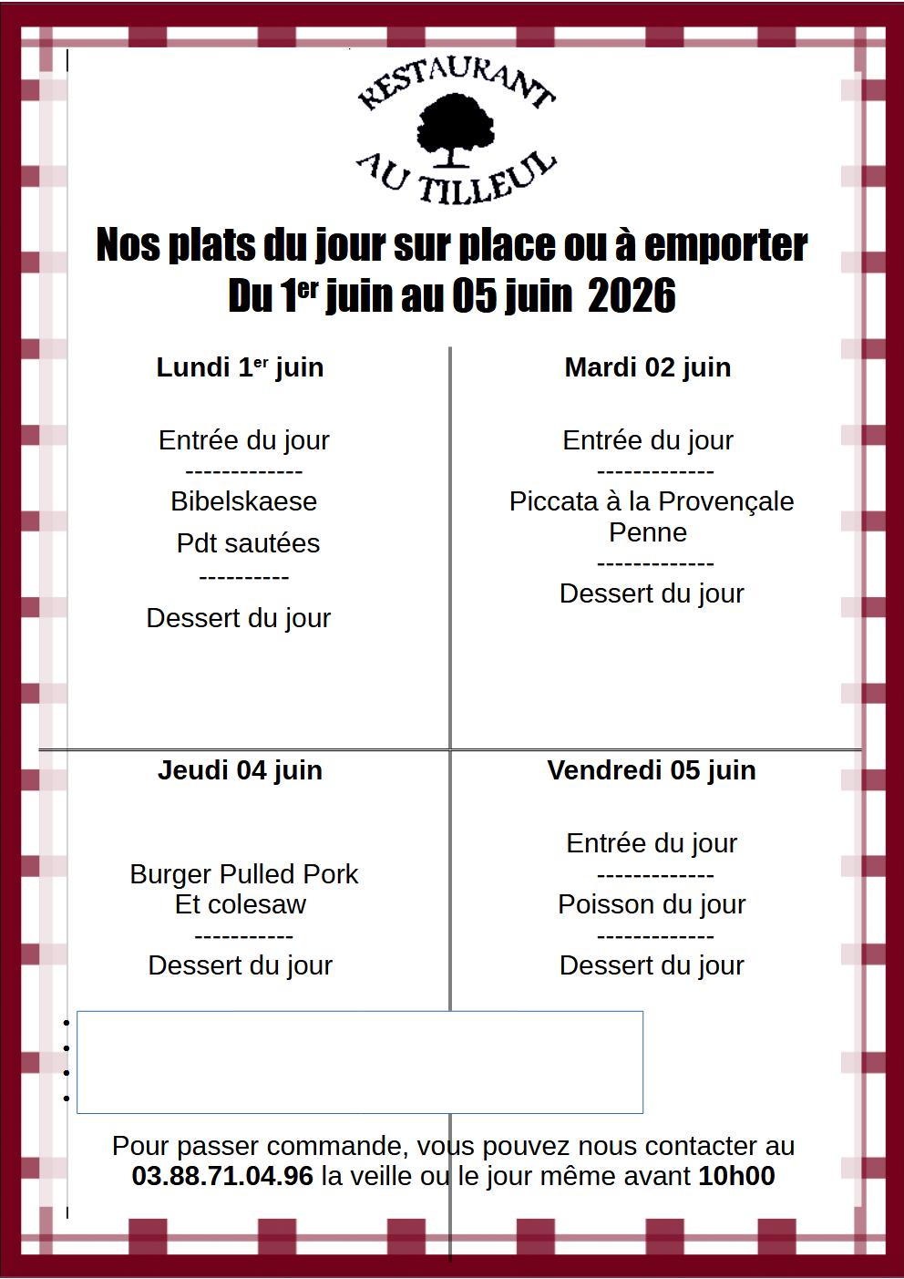 Menus du 1er au 5 Juin 2026