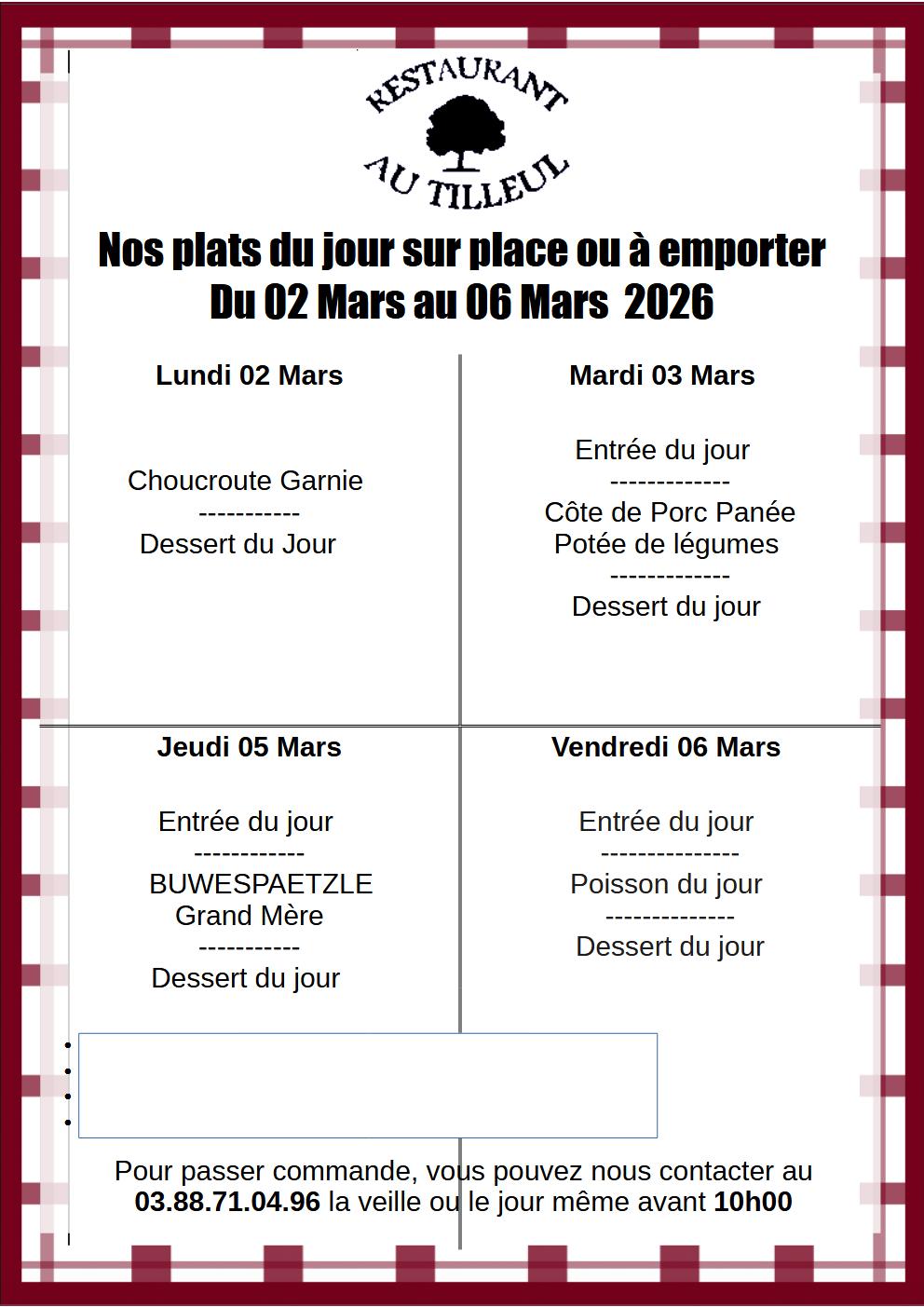 Menus du 2 au 6 mars 2026