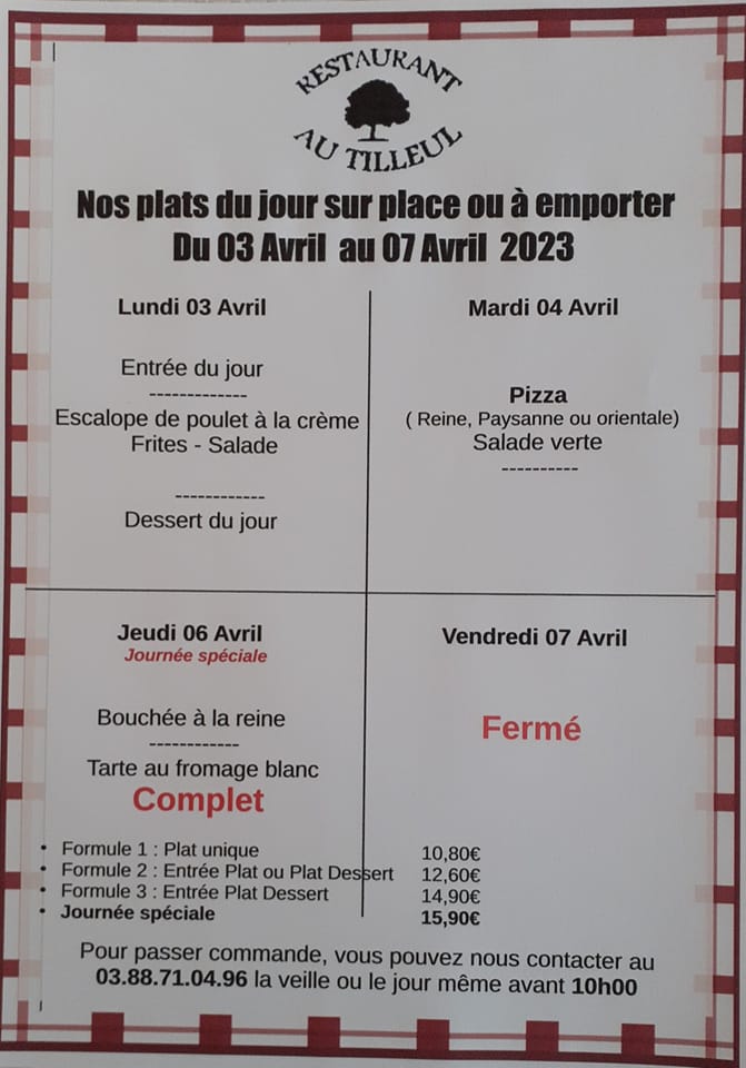 Menus du 03 au 07 avril 2023
