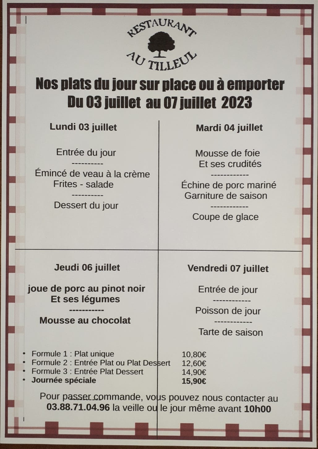Menus du 3 au 7 juillet 2023