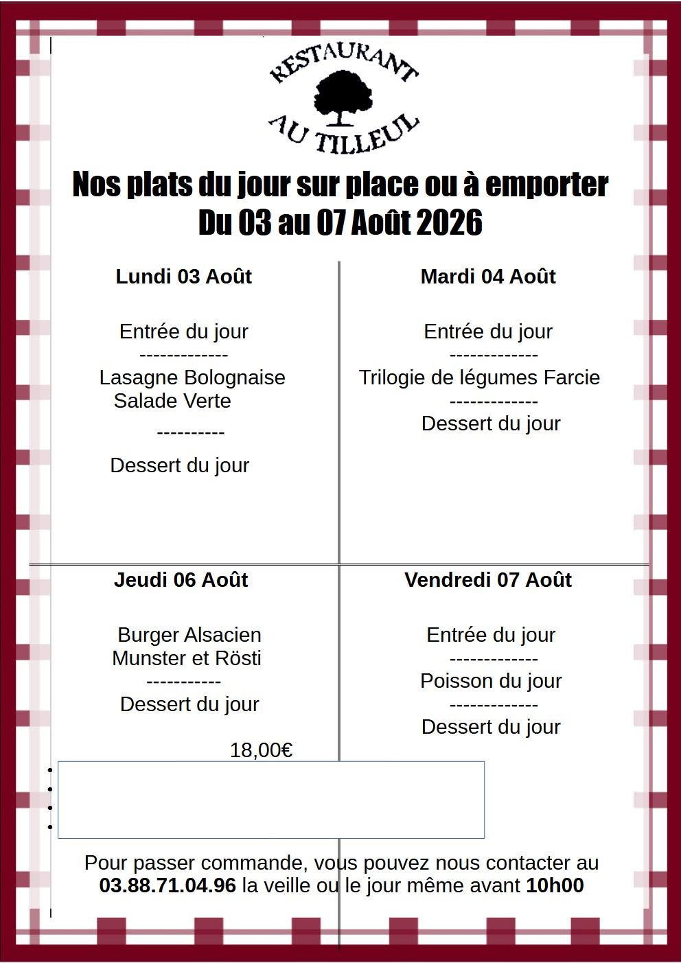 Menus du 03 au 07 Août 2026