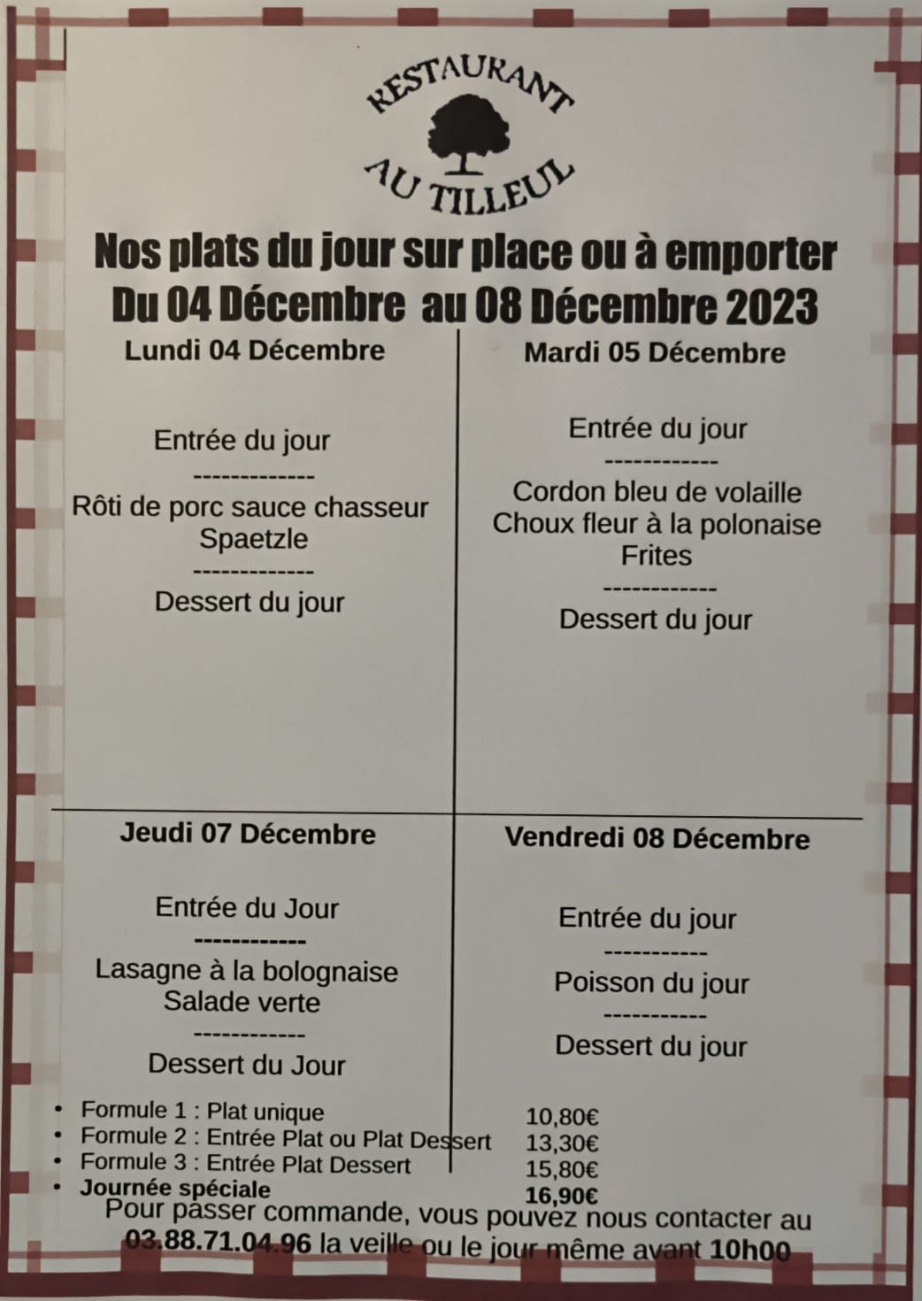 Menus du 4 au 8 Décembre 2023