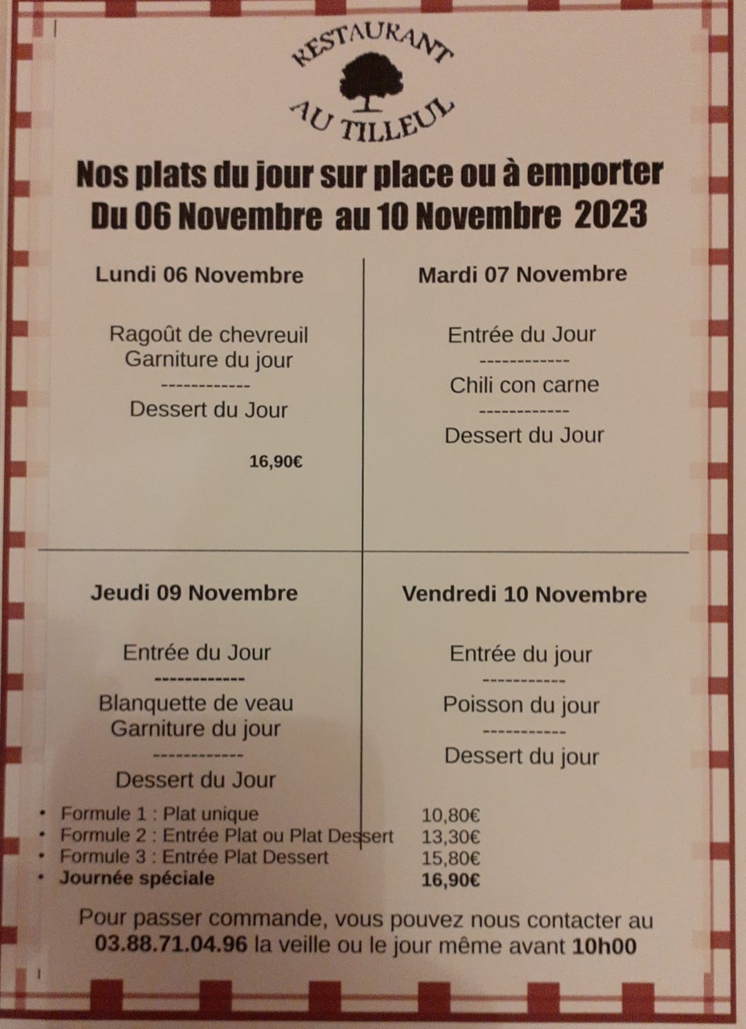 Menus du 6 au 10 novembre 2023