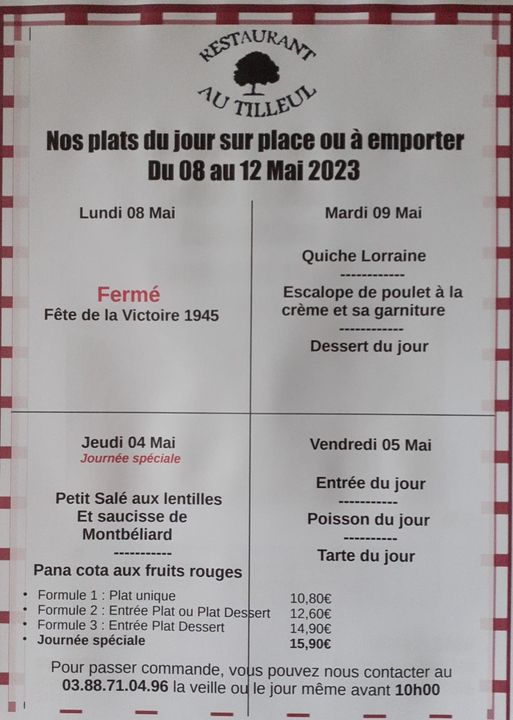 Menus du 8 au 12 mai 2023