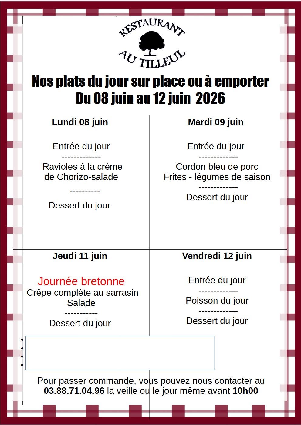 Menus du 8 au 12 Juin 2026