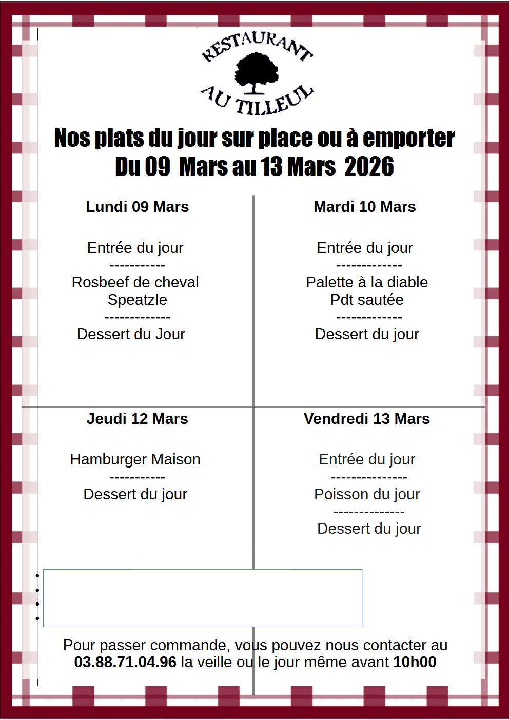 Menus du 9 au 13 Mars 2026