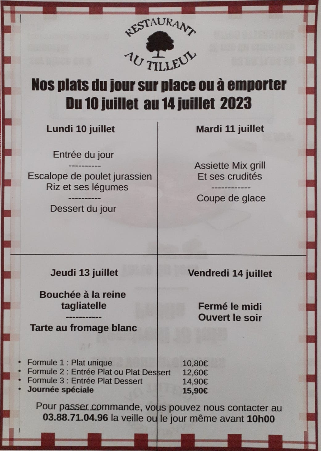 Menus du 10 au 14 juillet 2023