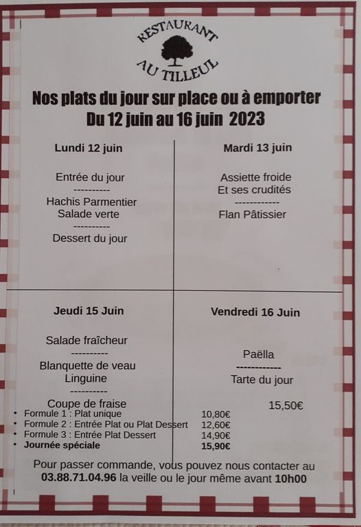 Menus du 12 au 16 juin 2023
