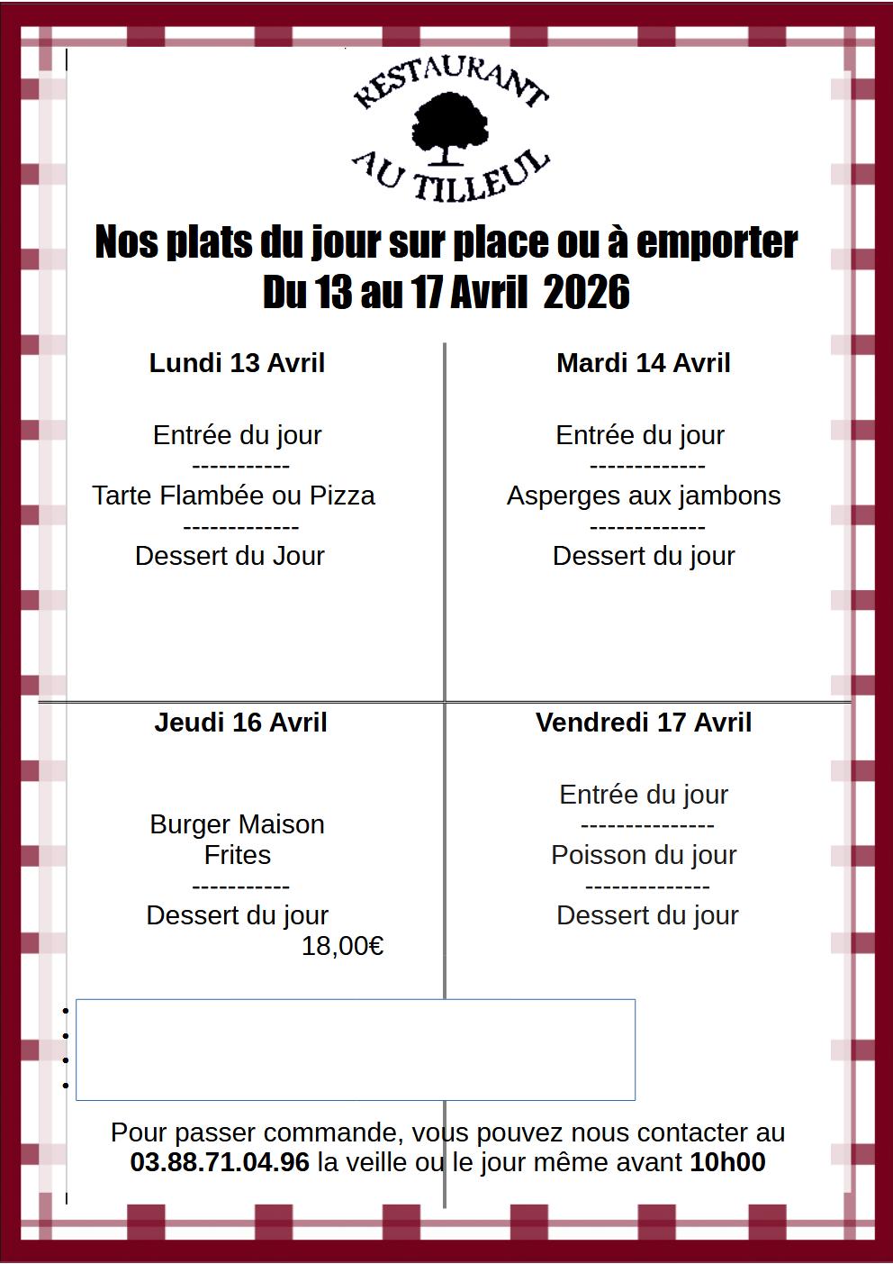 Menus du 13 au 17 avril 2026