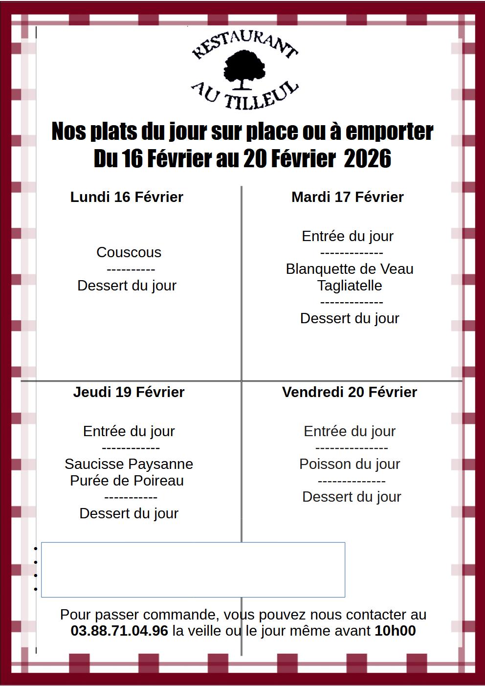 Menus du 16 au 20 Février 2026