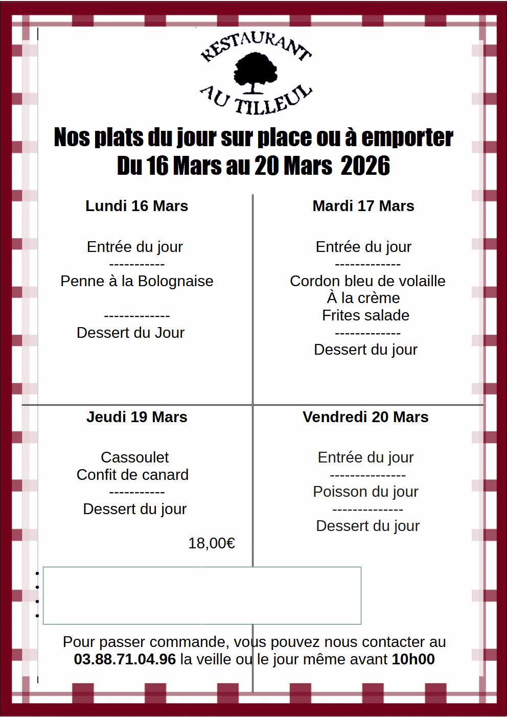 Menus du 16 au 20 Mars 2026