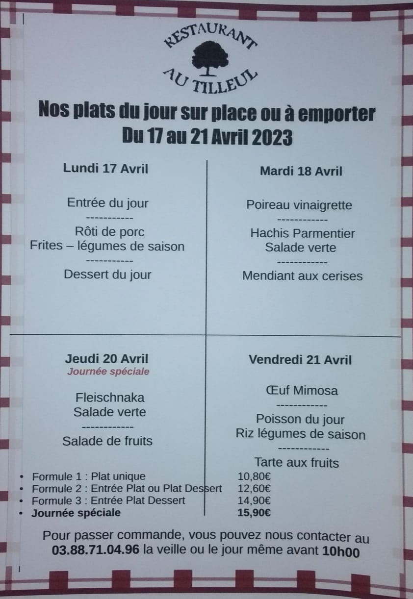 Menus du 17 au 21 avril 2023