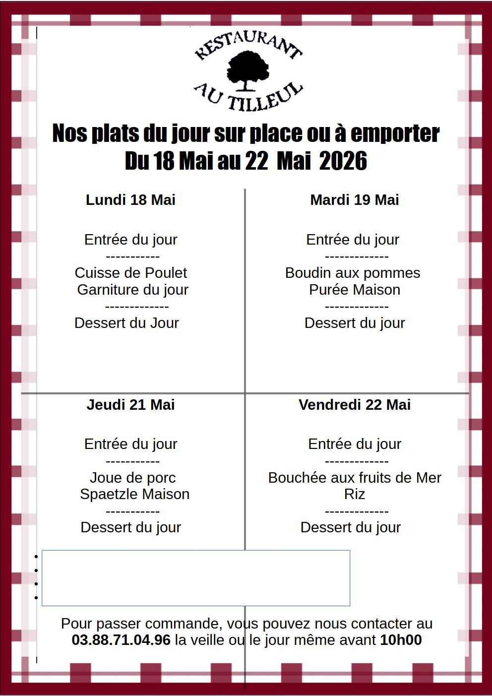 Menus du 18 au 22 Mai 2026