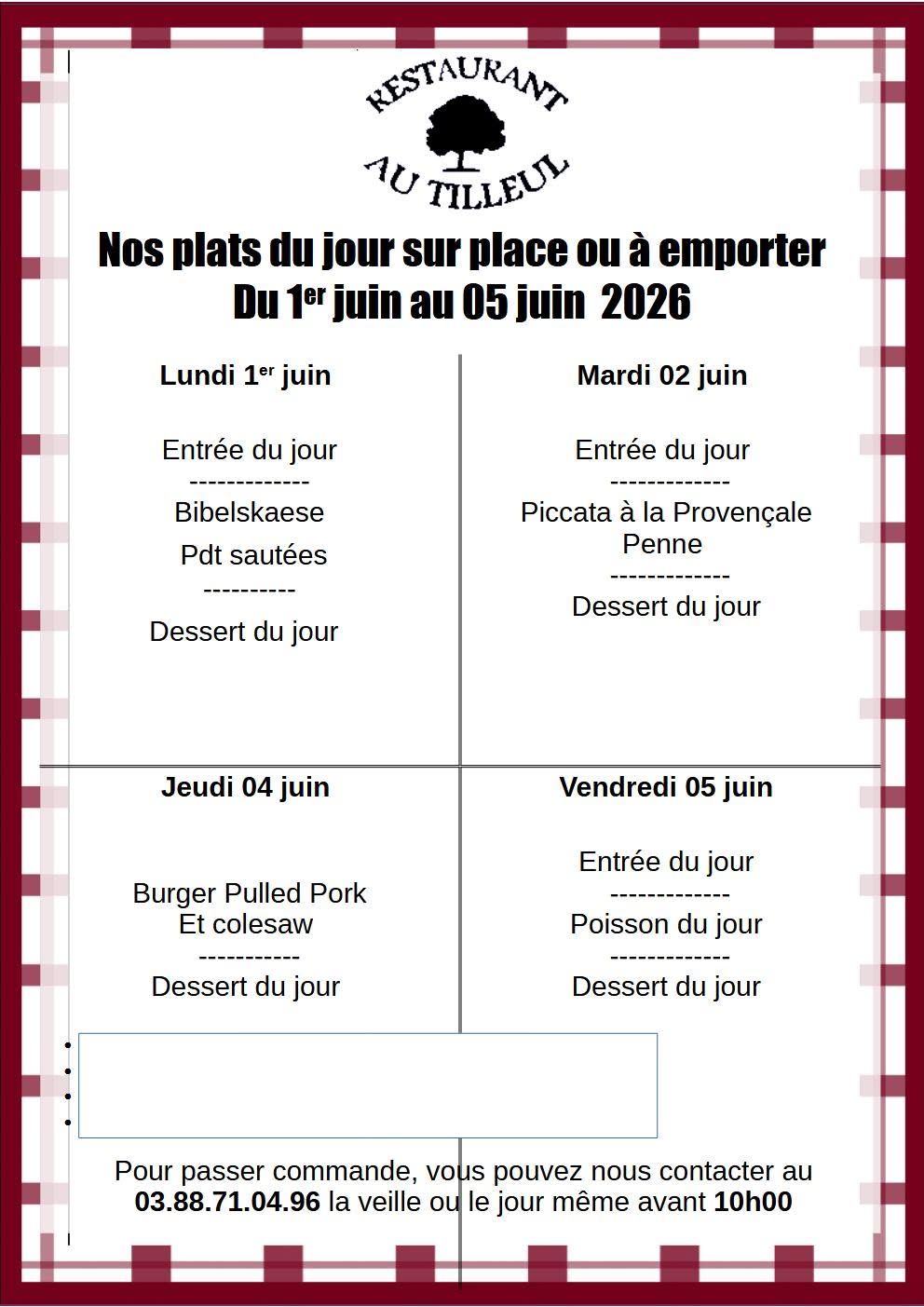 Menus du 1er au 5 juint 2026