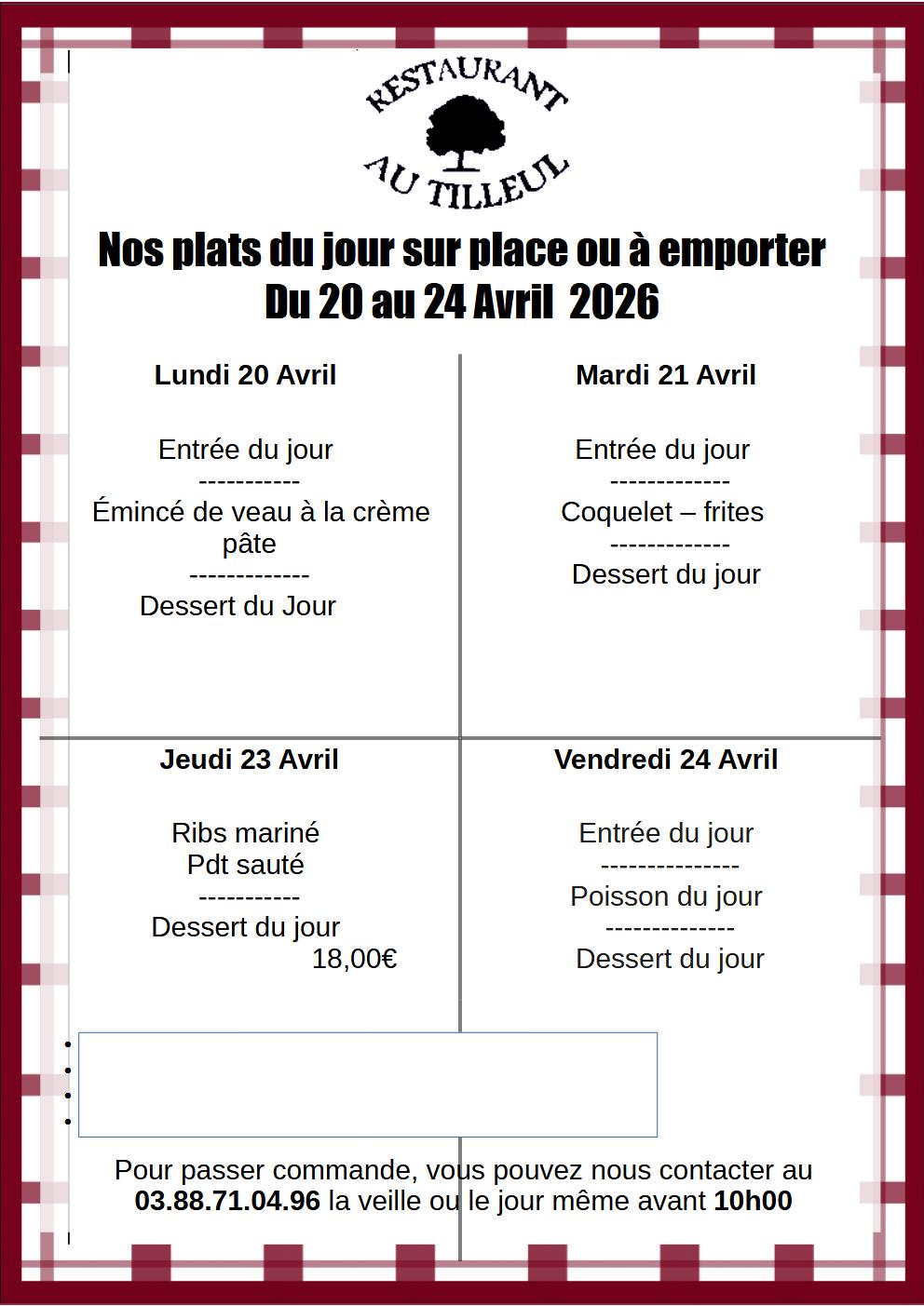Nos menus du 20 au 24 Avril 2026