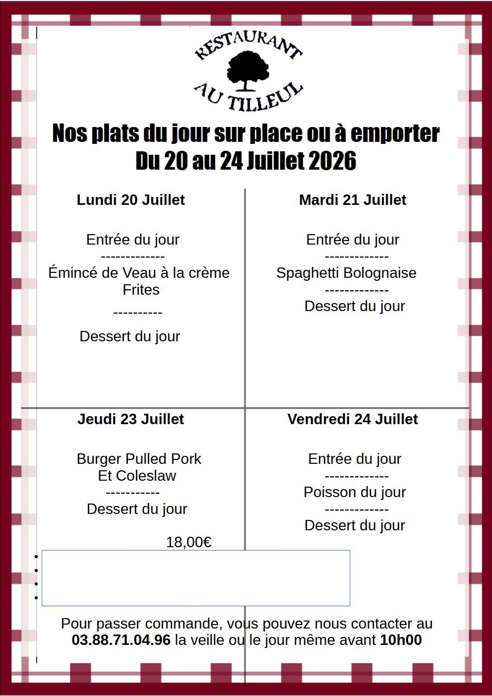 Menus du 20 au 24 Juillet 2026