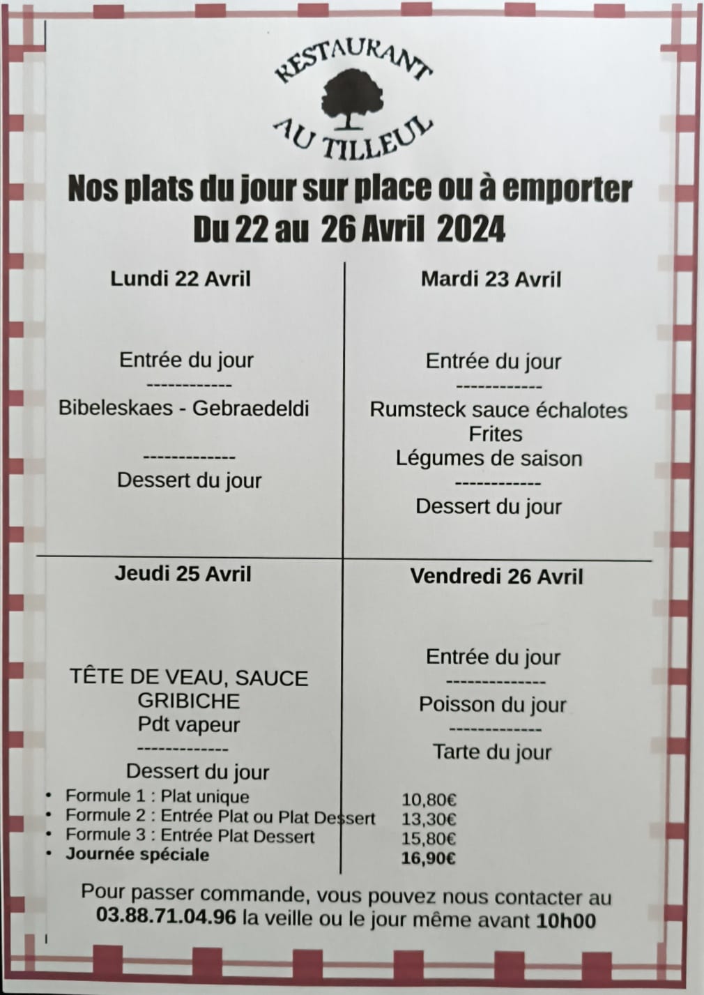 Menus du 22 au 26 avril 2024