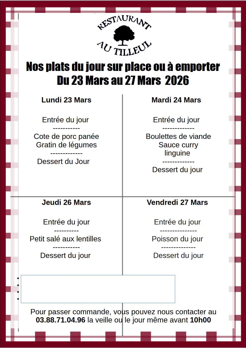 Menus du 23 au 27 Mars 2026
