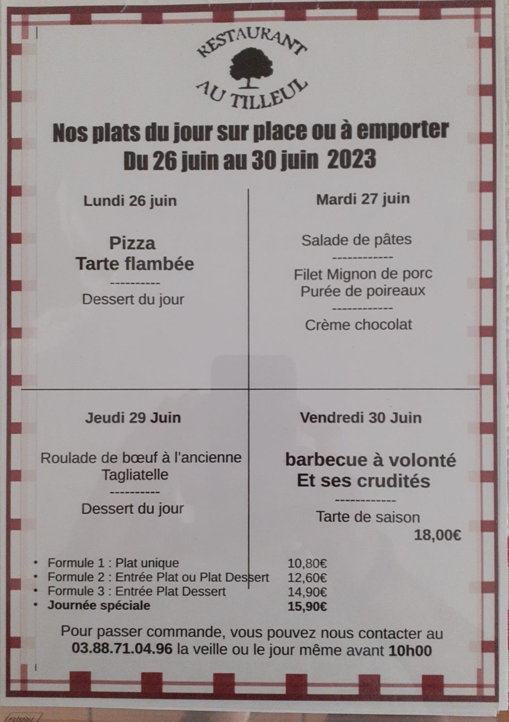 Menus du 26 au 30 juin 2023